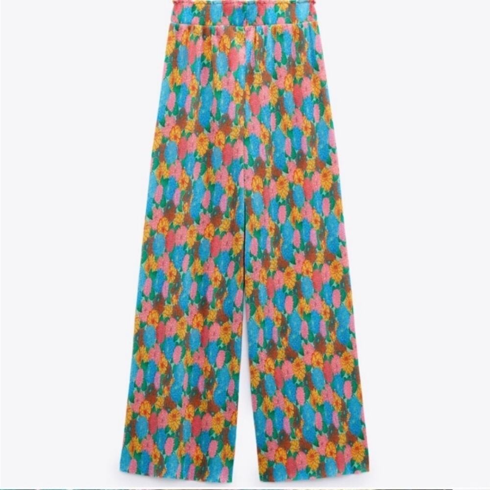 Zara Mod Retro Floral Wide Leg Palazzo Pants size small Pink Green Yellow